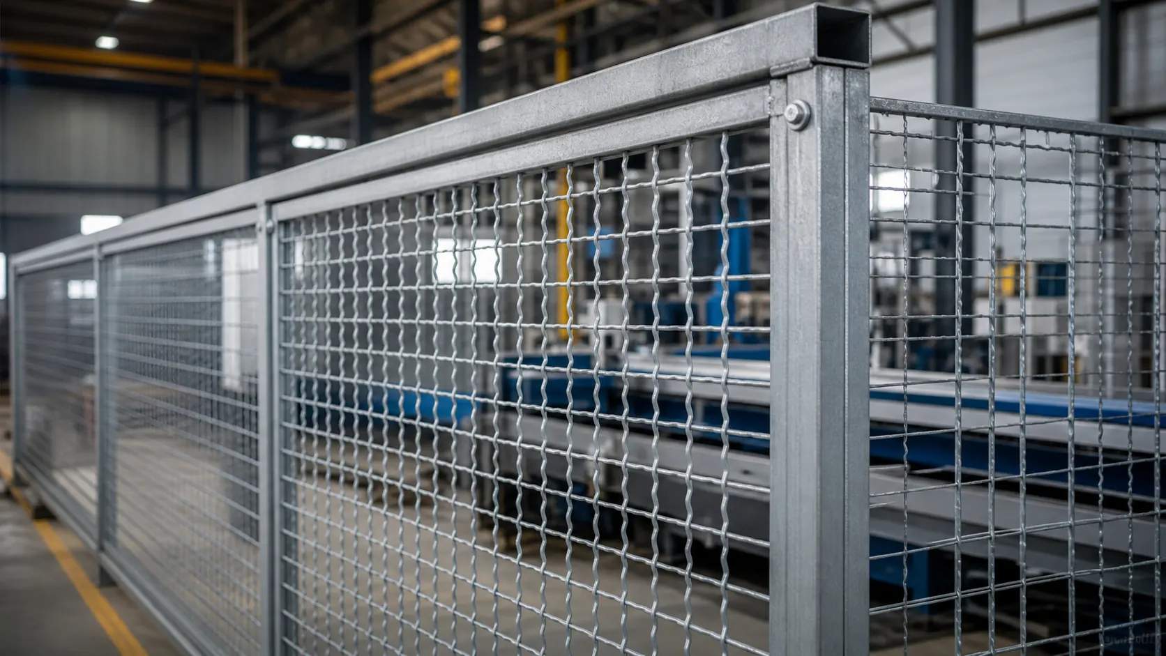 Panel de malla rígida ondulada galvanizada montado en un marco industrial